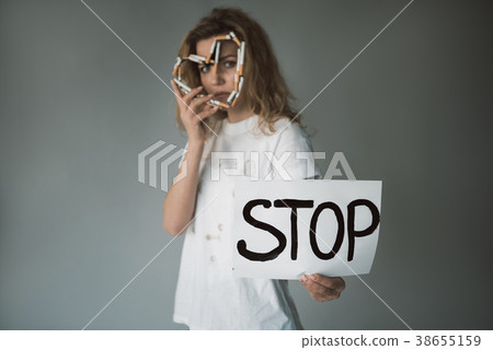 Severe lady calling for healthy lifestyle Severe lady calling for healthy lifestyle 38655159