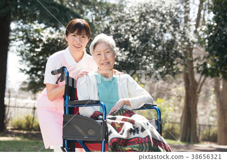Senior woman with care worker and wheelchair Senior woman with care worker and wheelchair 38656321