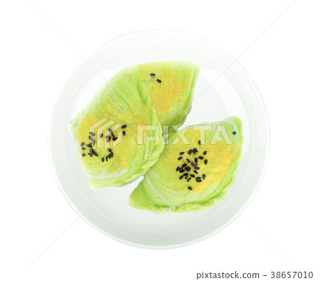Thai cake mung bean & egg cake in white plate Thai cake mung bean & egg cake in white plate 38657010