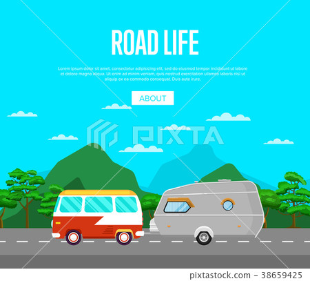 Road life poster with van and camping trailer 38659425