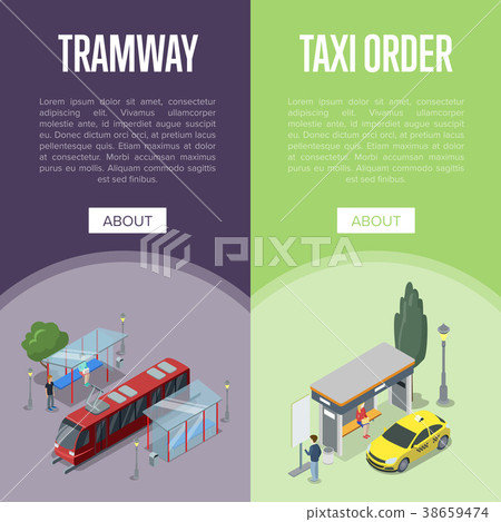 Taxi and tramway station isometric 3D posters 38659474