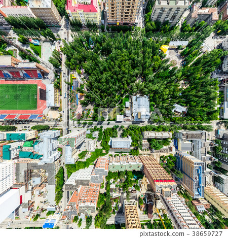 Aerial city view with crossroads and roads, houses Aerial city view with crossroads and roads, houses 38659727