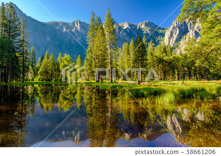 Cathedral Rocks reflecting in Merced River  38661206
