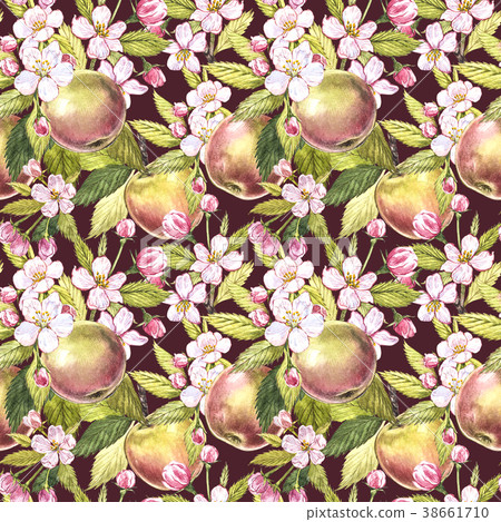 Apple flowers hand drawn seamless pattern - Stock Illustration ...