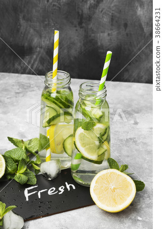 Detox drink with cucumber, lemon and mint Detox drink with cucumber, lemon and mint 38664231