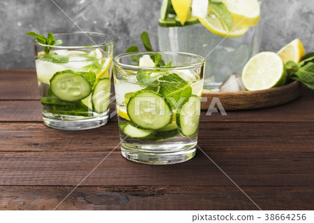 Detox drink with cucumber, lemon and mint 38664256
