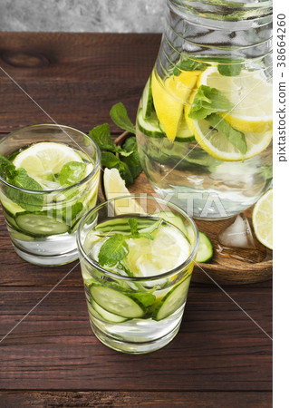 Detox drink with cucumber, lemon and mint Detox drink with cucumber, lemon and mint 38664260