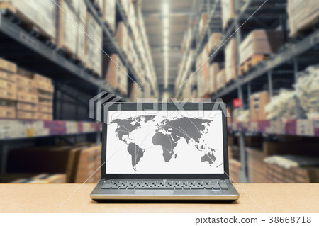 Laptop with white blank screen with global map Laptop with white blank screen with global map 38668718