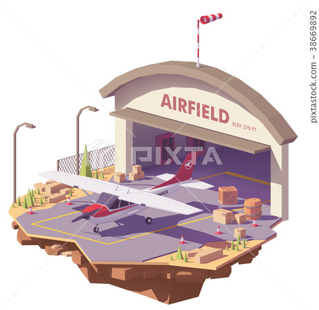 Vector low poly airfield with hangar and airplane 38669892