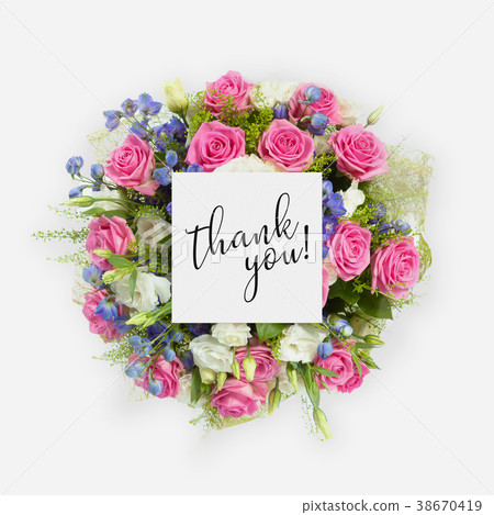 Fresh flowers bunch and card with words thank you Fresh flowers bunch and card with words thank you 38670419