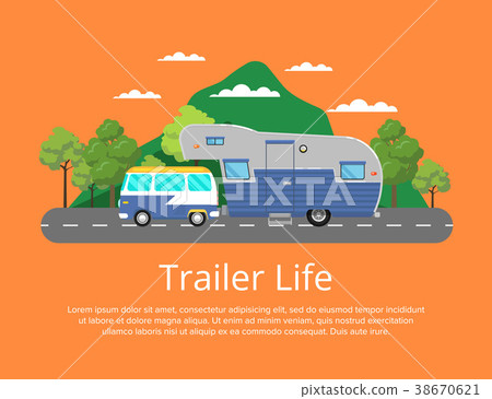 Trailer life poster with camping trailer on road Trailer life poster with camping trailer on road 38670621