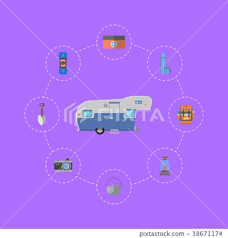 Tourist equipments infographics with trailer 38671174