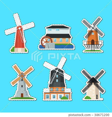 Traditional old windmill buildings isolated labels 38671200