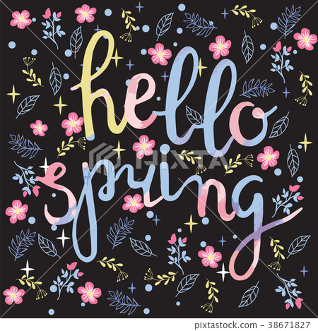 background with flowers and hello spring text. - Stock Illustration ...