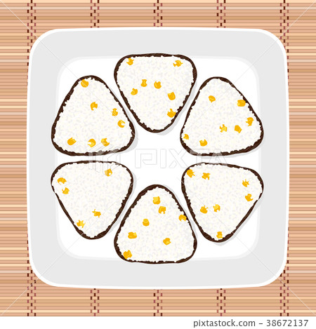 Sweet corn onigiri. Japanese cuisine. Vegetarian. Sweet corn onigiri. Japanese cuisine. Vegetarian. 38672137