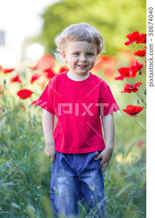 A small blond boy is holding red poppy flower 38674040