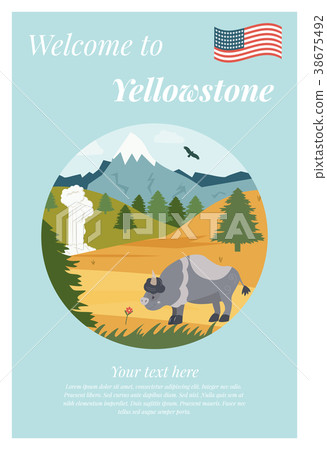Natural park poster. Scene with bison, mountains Natural park poster. Scene with bison, mountains 38675492