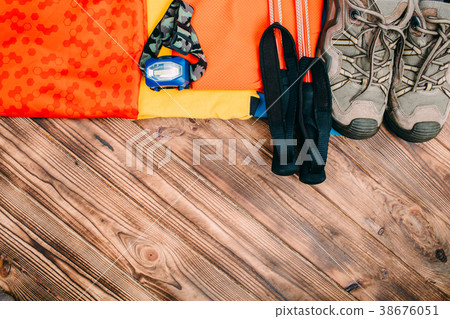 Set of trip stuff on wooden background Set of trip stuff on wooden background 38676051