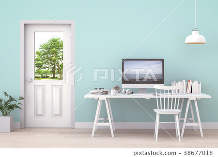 Interior room working area and computer. 3d render Interior room working area and computer. 3d render 38677018
