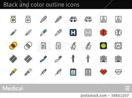 Black and color outline icons, thin stroke line Black and color outline icons, thin stroke line 38681207