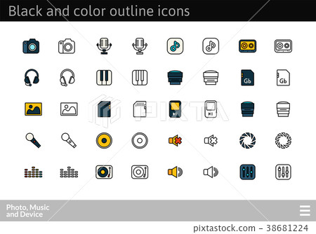 Black and color outline icons, thin stroke line 38681224