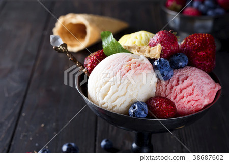 Bowl with ice cream with three different scoops Bowl with ice cream with three different scoops 38687602