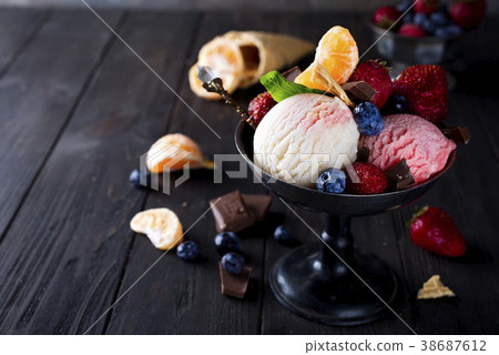 Bowl with ice cream with three different scoops Bowl with ice cream with three different scoops 38687612