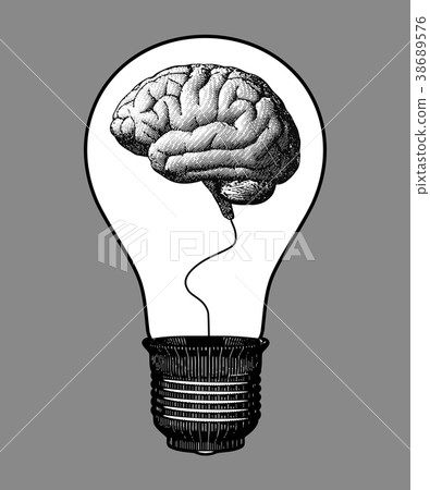Engraved Light bulb with brain inside illustration Engraved Light bulb with brain inside illustration 38689576