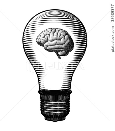 Engraved Light bulb with brain inside illustration Engraved Light bulb with brain inside illustration 38689577