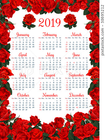 Floral calendar template in red rose flower frame - Stock Illustration ...