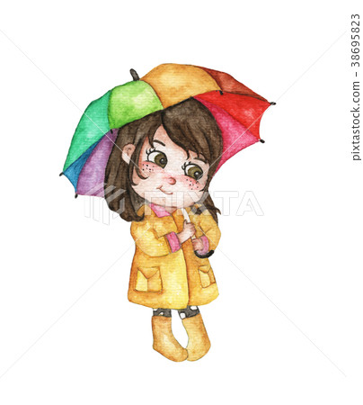 girl in raincoat hiding under colorful umbrella 38695823