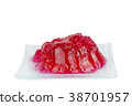 Melted red jelly square dish isolated clippingpath 38701957