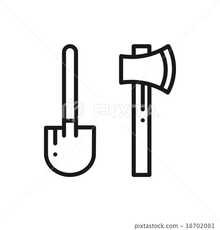 Shovel and Ax Line Icon. Camping Outdoor Sign and Shovel and Ax Line Icon. Camping Outdoor Sign and 38702081