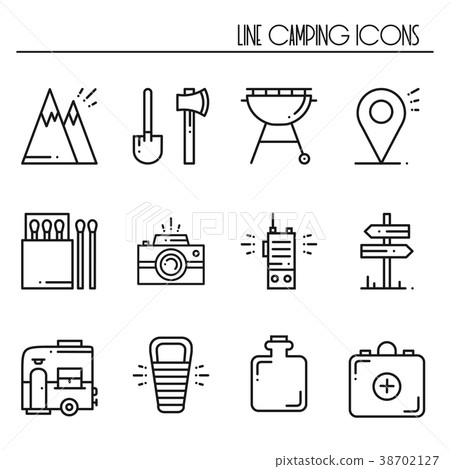 Hiking and Camping Line Icons Set. Outdoor Camp - Stock Illustration ...