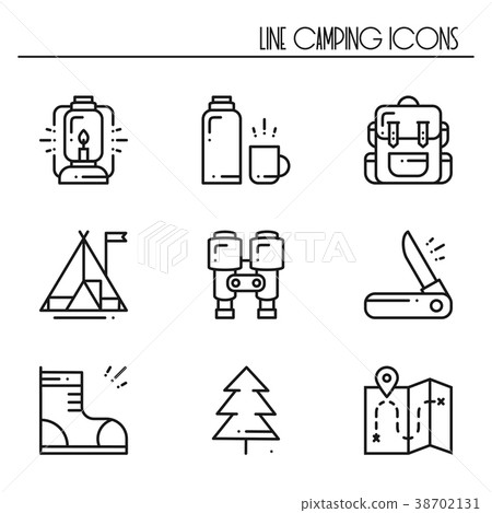 Hiking and Camping Line Icons Set. Outdoor Camp 38702131