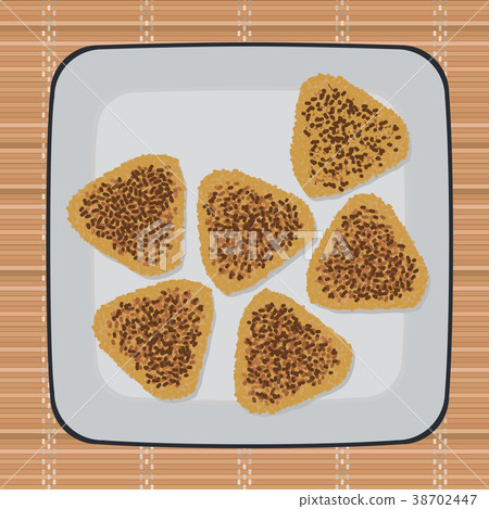 Fried with soy sauce onigiri. Japanese cuisine. 38702447