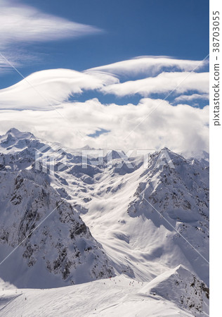 Winter mountains panorama with ski slopes, Bareges, Pyrennees 38703055
