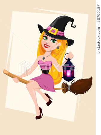 Halloween greeting card. Beautiful lady witch Halloween greeting card. Beautiful lady witch 38703187