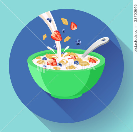 Vector breakfast cereal in bowl filled with milk 38703646