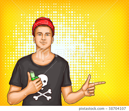 Vector pop art man in tshirt, cap holding vape 38704107