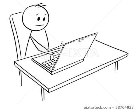 Cartoon of Man or Businessman Working on Notebook - Stock 