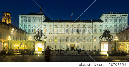 Palazzo Reale illuminated at dusk at square in Turin, Italy Palazzo Reale illuminated at dusk at square in Turin, Italy 38708264
