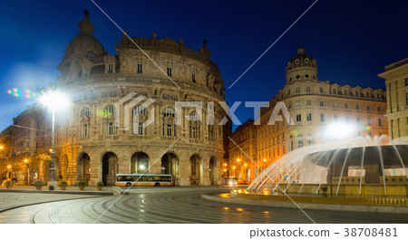 Night light of The Ferrari Square with fountain in Genoa of Italy Night light of The Ferrari Square with fountain in Genoa of Italy 38708481