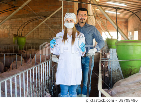 Portrait of veterinarian standing with farmer Portrait of veterinarian standing with farmer 38709480