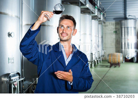 Man worker standing with glass of wine in fermenting section on winery Man worker standing with glass of wine in fermenting section on winery 38710203