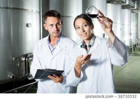 Winery workers taking notes while discussing wine sample Winery workers taking notes while discussing wine sample 38710332