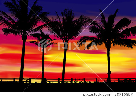 Sunset and palm tree - Stock Illustration [38710897] - PIXTA
