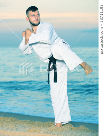 Handsome male doing karate at ocean quay 38711192