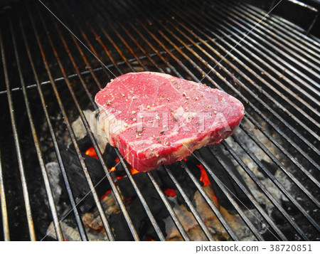 Piece of raw pork on picnic barbecue grill  38720851