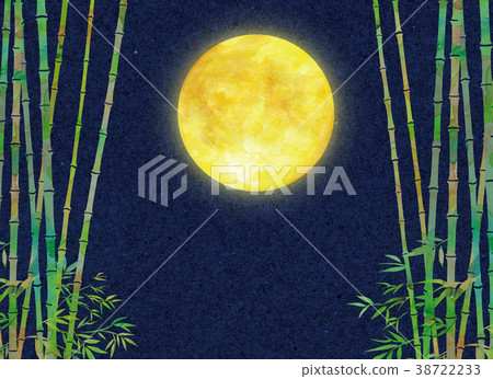 Watercolor illustration moon bamboo forest night cherry blossoms 38722233